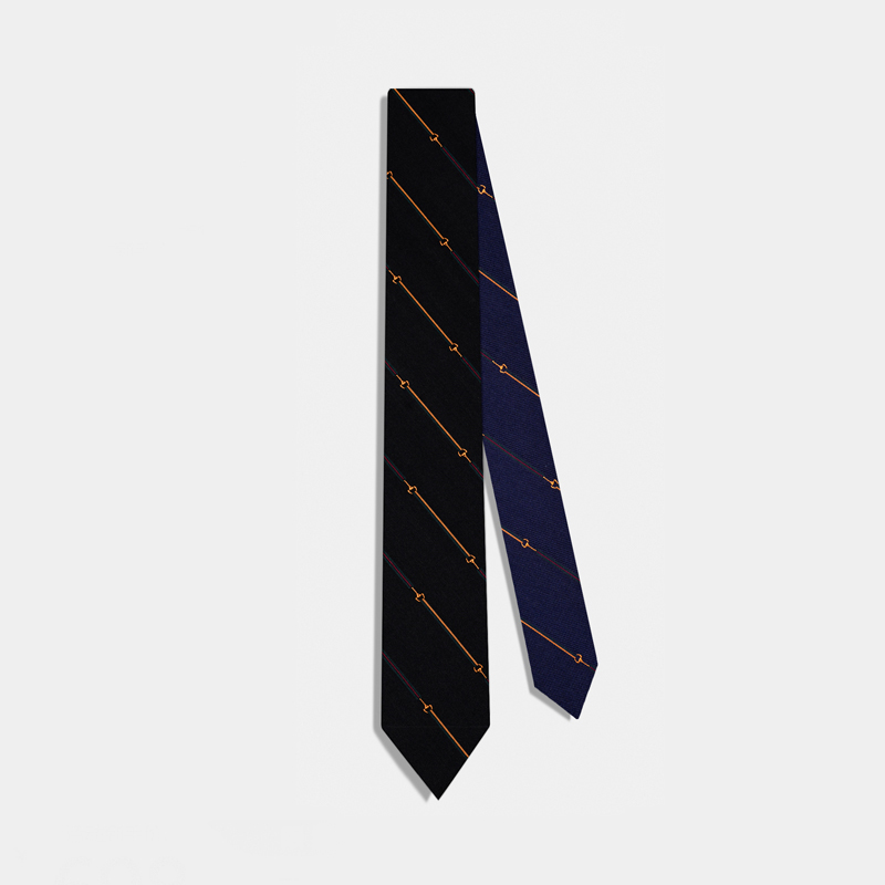 蓝黑双面条纹真丝领带